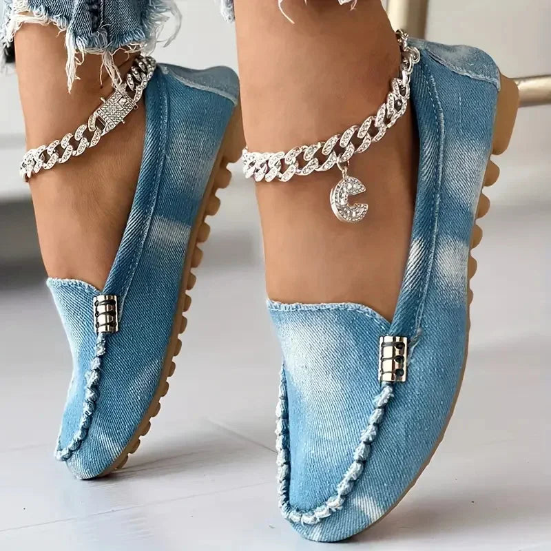 Women Denim Flats Round Toe Thick Bottom Walking Flat Shoes