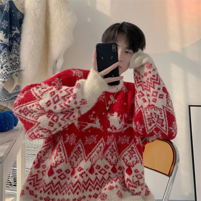 High Quality Plush Knitted Christmas Red Pullover Oversized Couple Sweater