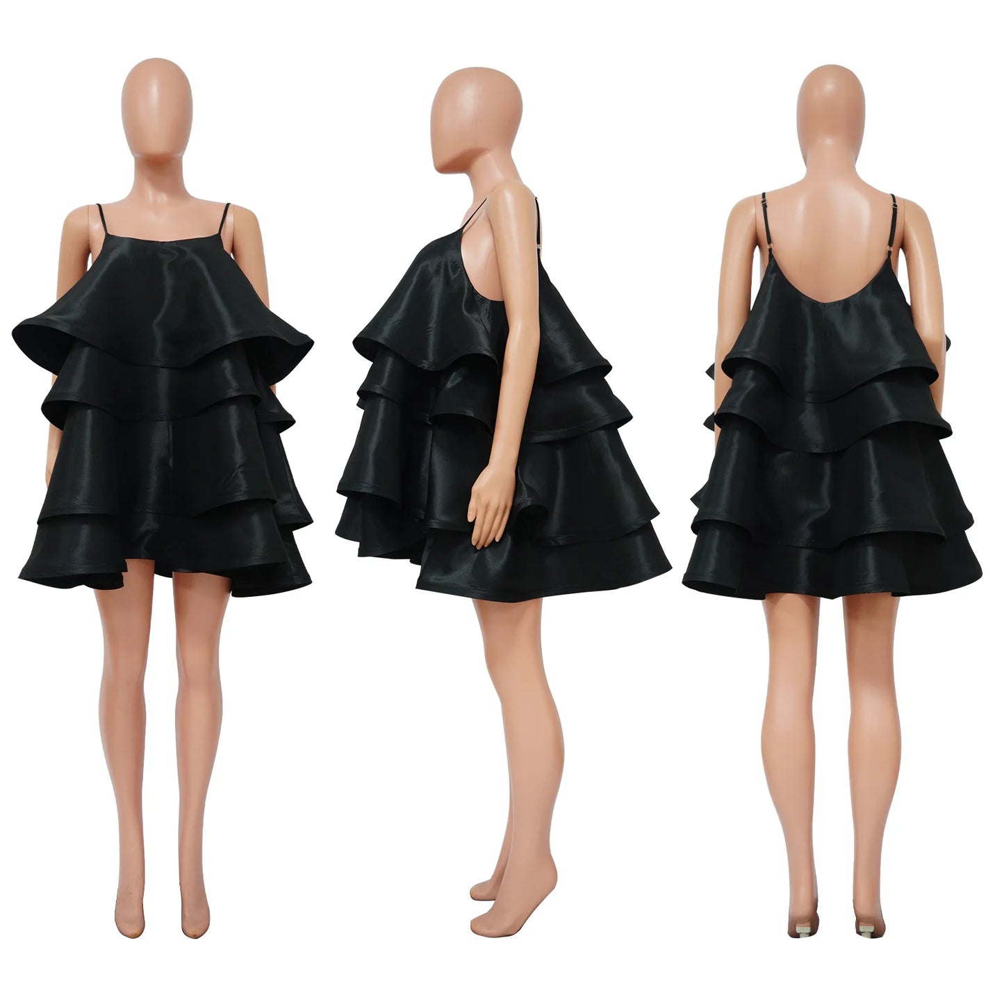 Women Spaghetti Strap U Collar Sleeveless Party Mini Fairy Satin Dress