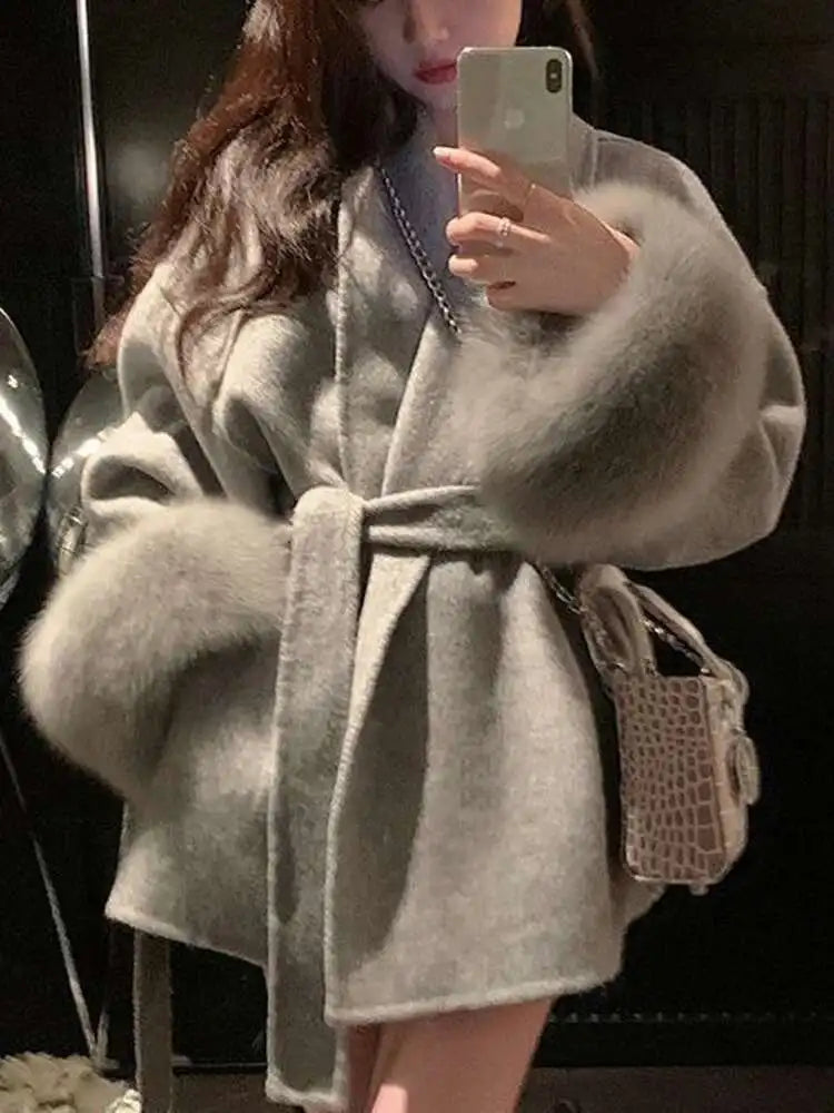 Women Overcoats Fur Patchwork Long Sleeve Woolen Coat
