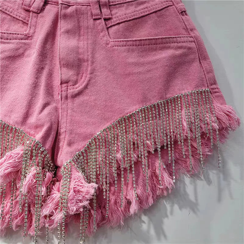 Denim shorts women's heavy industry rhinestone design high waist hot pants