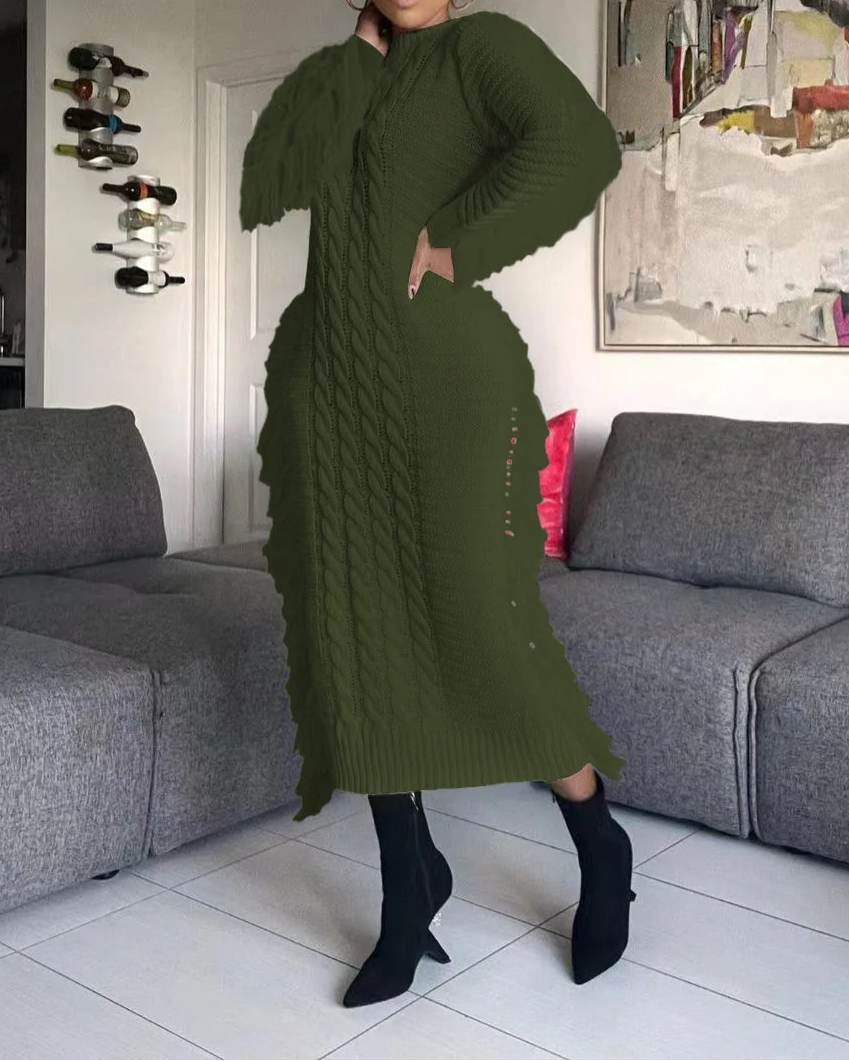 Women Long Sleeve Tassel Bodycon Midi Knit Dress O-neck Sweater Dress