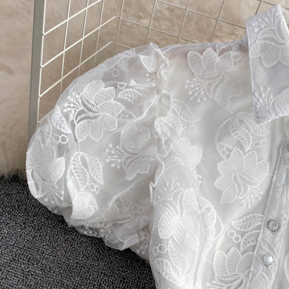 Women Vintage Lace White Dress Turn Down Collar Puff Sleeve Mini Dress