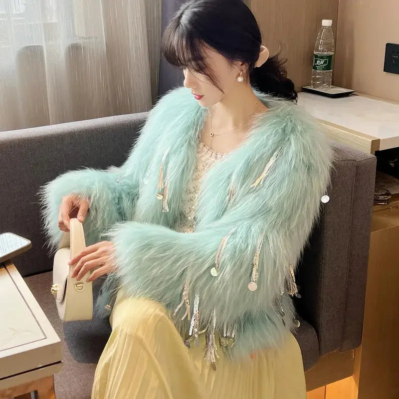 Faux Fur Grass Sequined Tassels Coat Women's Short Beaded Fringed Bomber Jacket