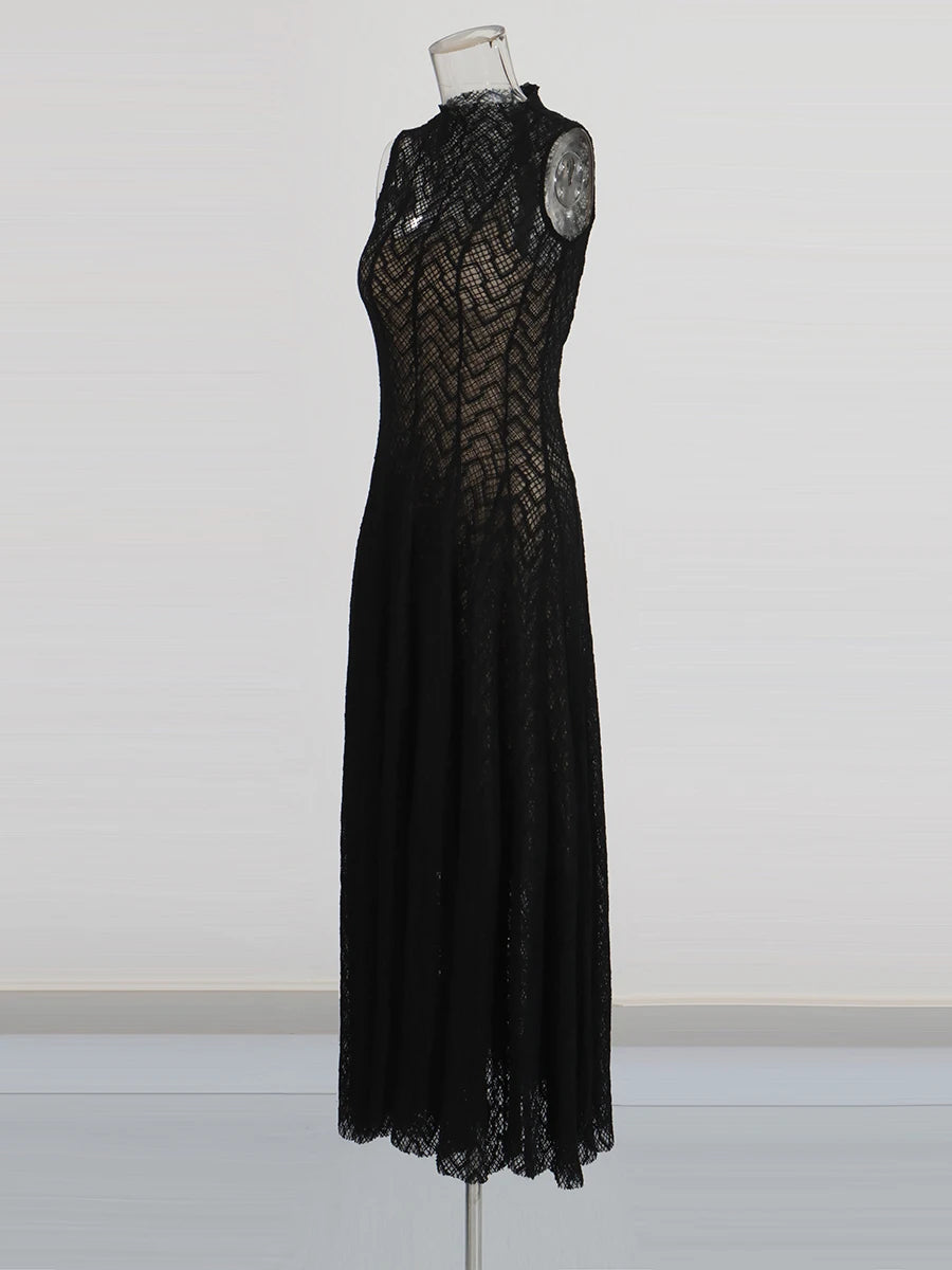 Solid Spliced Appliques Loose Maxi Dress For Women O Neck Sleeveless High Waist Dress