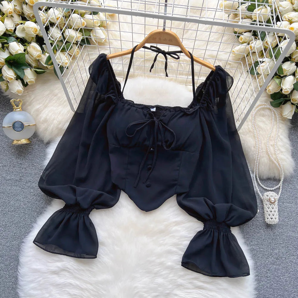 Flare Sleeve Women Top Ruffle Solid Elastic Waist Halter Backless Chiffon Blouse