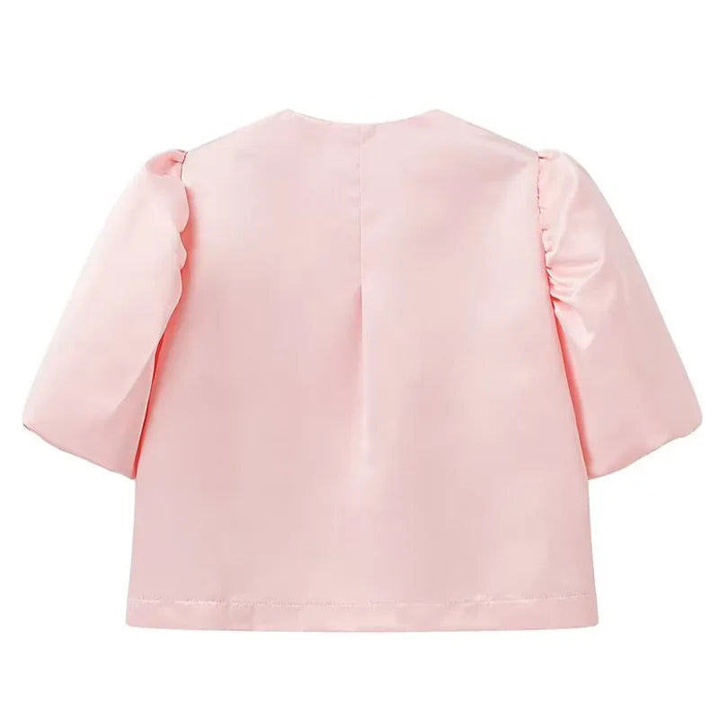Solid Satin Women's Blouse Top With Pouf Balloon Sleeve O Neck Loose Blouses