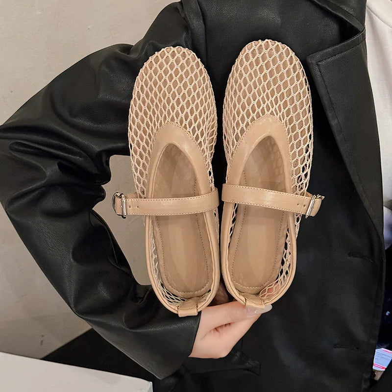 Breathable Mesh Black Ballet Shoes Daily Walking Street Sandals