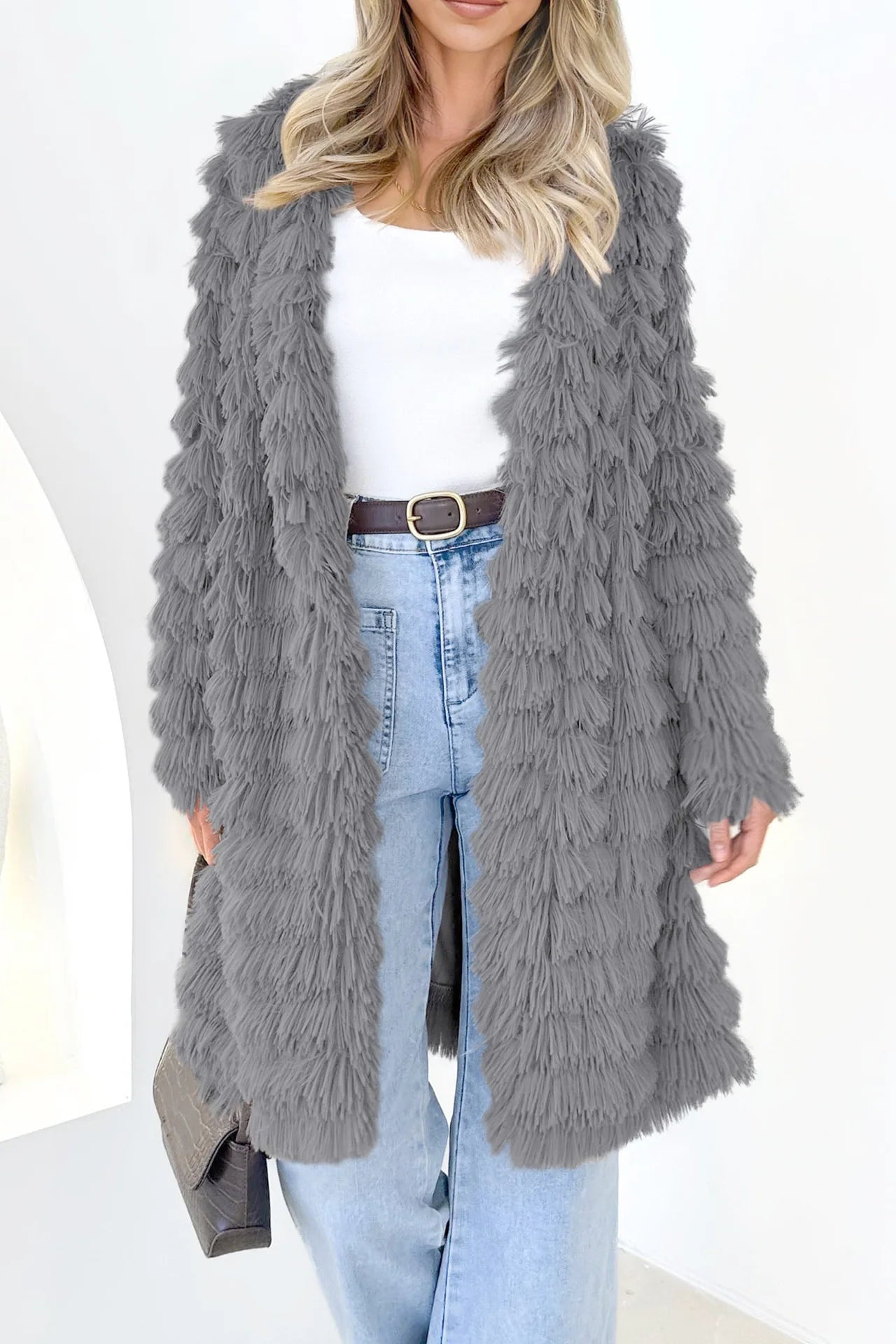 Long Sleeve Faux Fur Jackets Open Front Long Cardigan Coat Outerwear