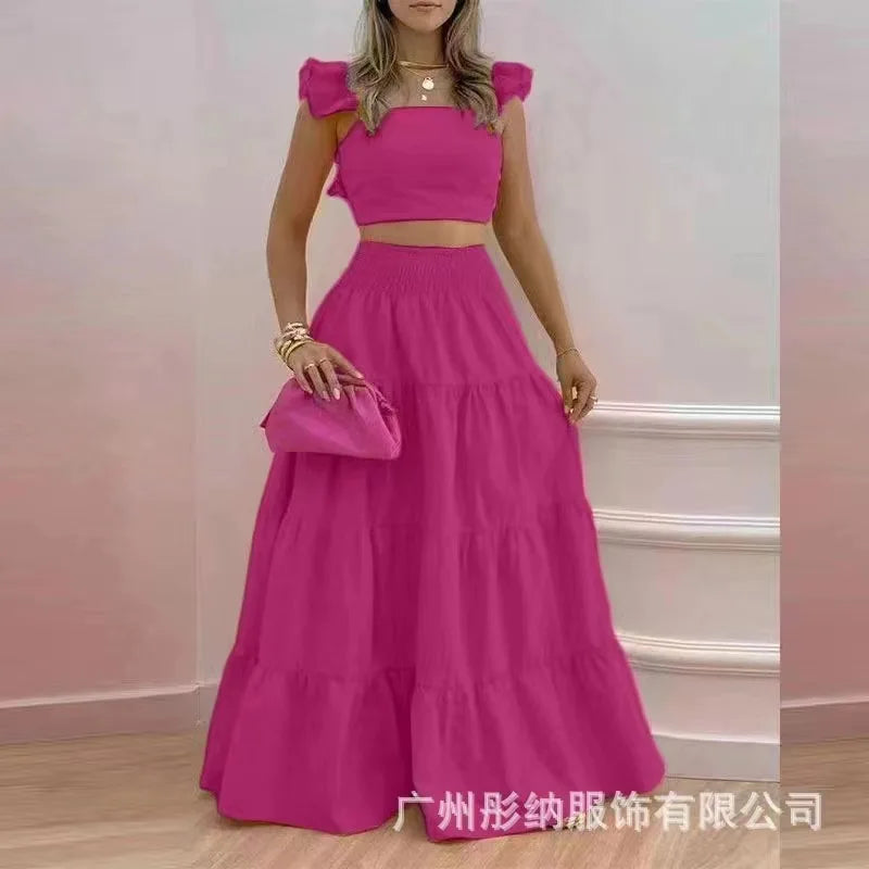 Y2k Two Piece Set Elegant Sexy Collage Sleeveless Top and Maxi Skirt Set