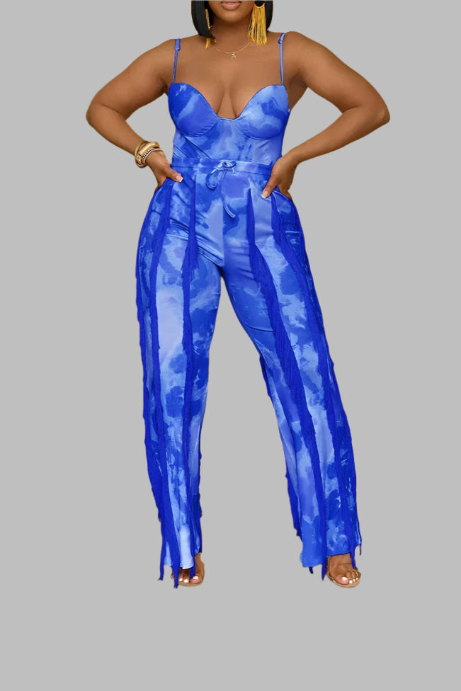 Tie Dye Printing Two Piece Set for Women Pant Sets Birthday Outfits Clubwear Bodysuit Top and Fringe Tassel Pants Matching Sets