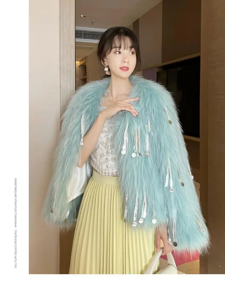Faux Fur Grass Sequined Tassels Coat Women's Short Beaded Fringed Bomber Jacket