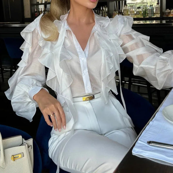 Women Ruffles Shirt Blouses Office Wear Long Lantern Sleeves Sheer Mesh Fabric Blouse