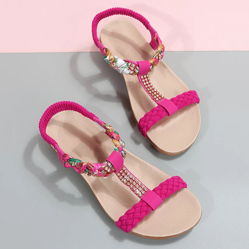 Flat Sandals for Women Rhinestone Elastic Back Strap Gladiator Sandals Woman Comfortable Non Slip Beach Shoes