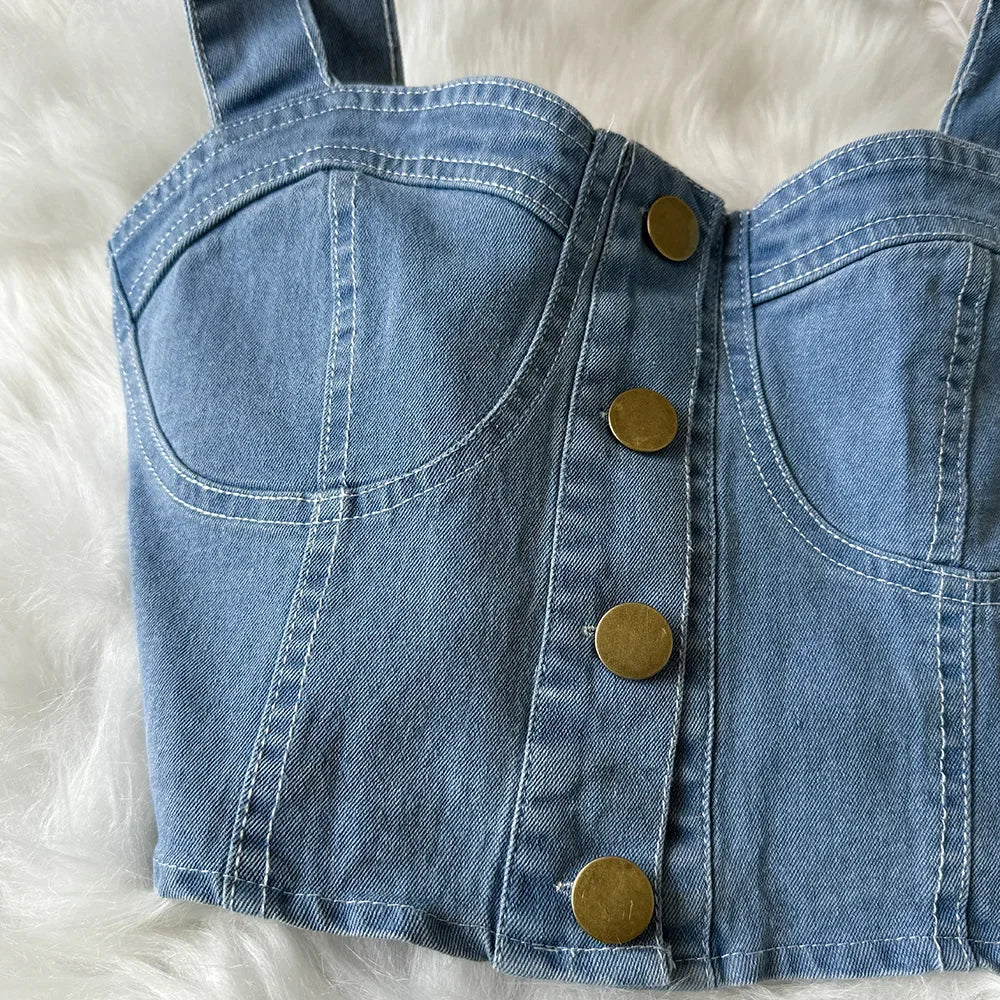 Denim Skirt Stets Two Pieces Sleeveless Tanks Top and Pleated Mini Skirt