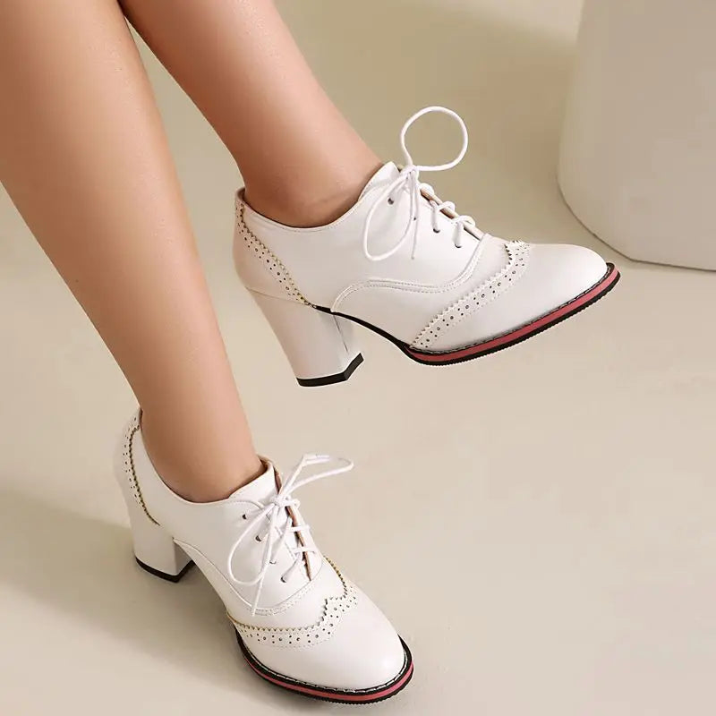 Pump Round Toe Chunky Heels 7.5cm Lace Up Plus Size 45 46 47 48 Office Shoes