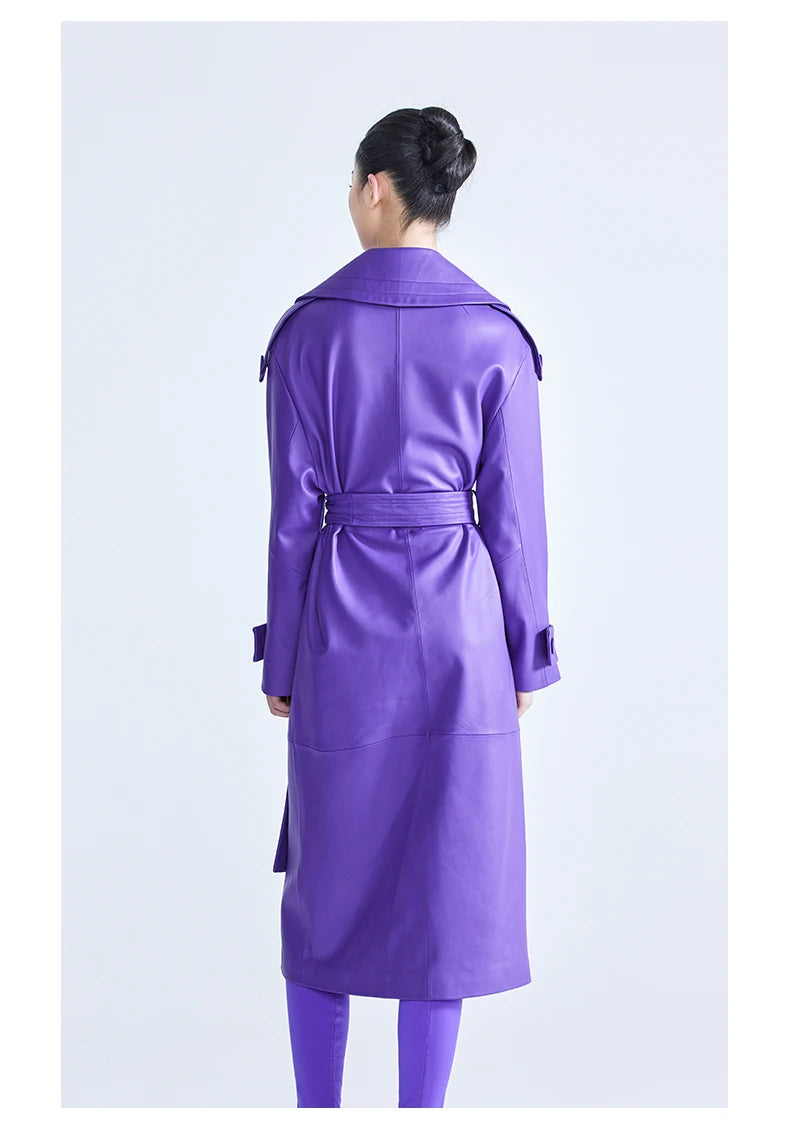 Elegant Purple Colored Faux Leather Trench Coat for Women Sashes Runway Coat