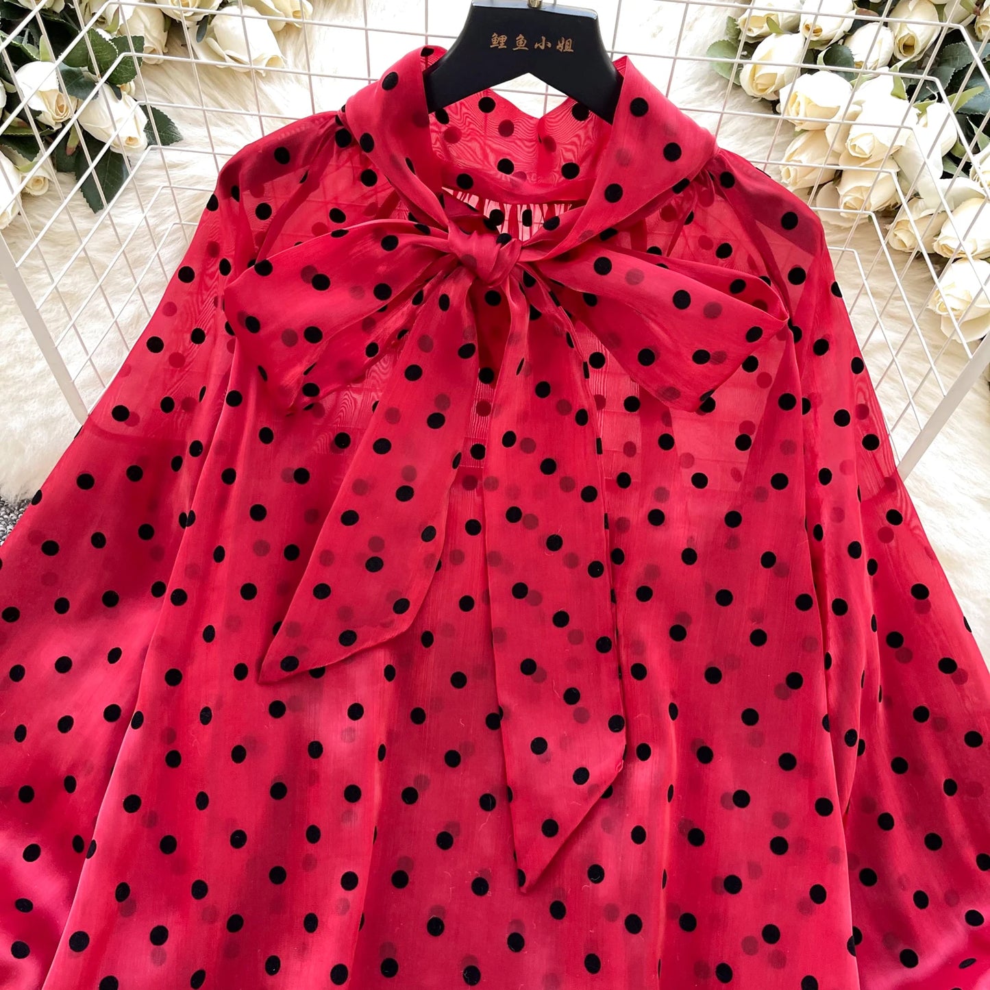 Vintage Polka Dot Tops Puff Sleeve Bow Lace Up Design Blouse