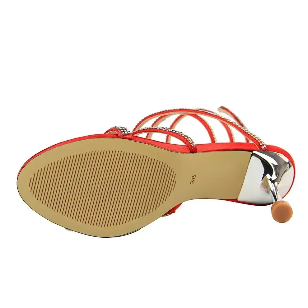 Women Luxury Party 8.5cm High Heels Summer Sexy Nightclub Sandals Female Red Green Ankle Strappy Roman Gladiator Crystal Sandles
