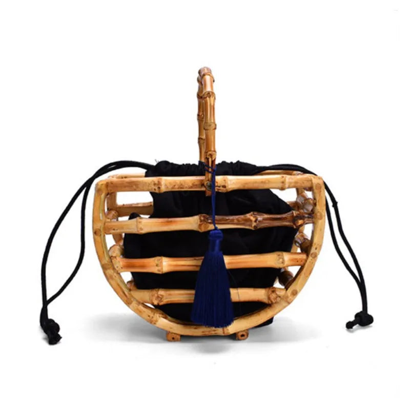 Luxury Women Tassel Woven Bag Bamboo Bag Stitching Hollow Bag
