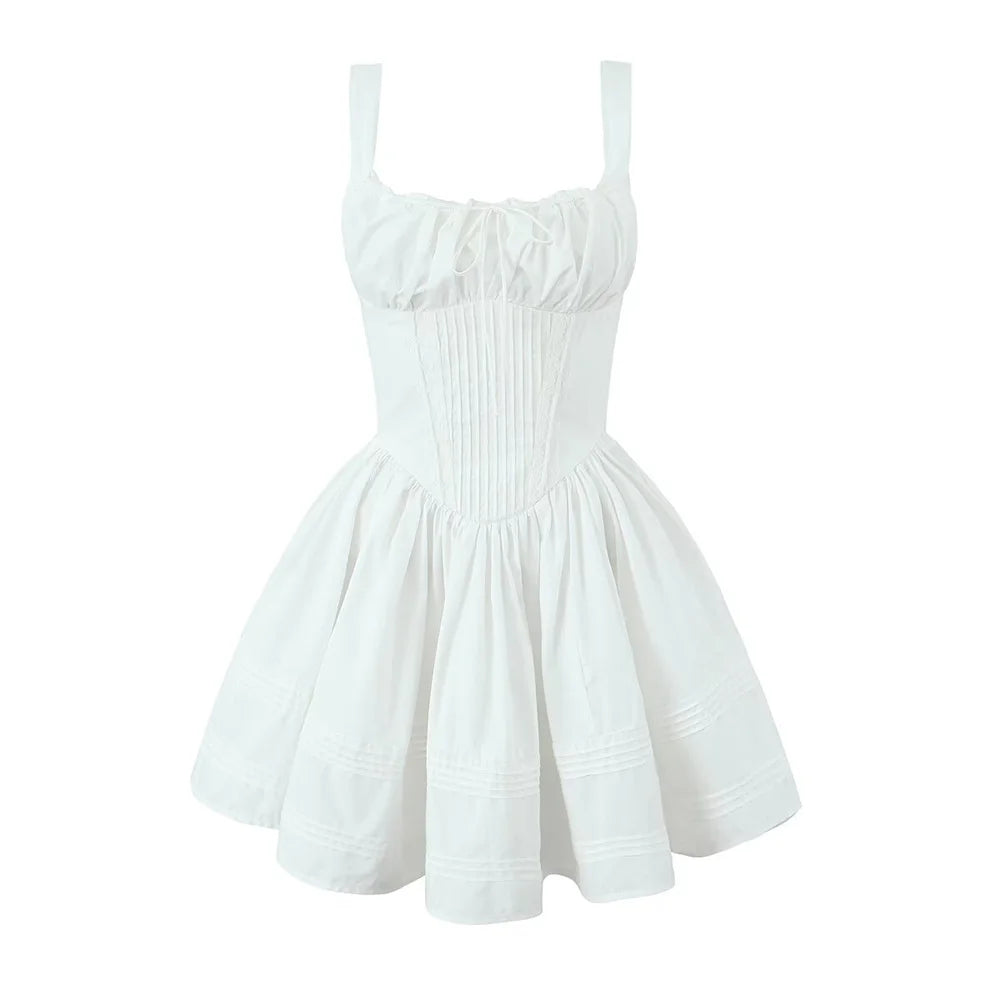 Women's Fashionable Floral Print Pleated Patchwork Slim Fitting Suspender Dress