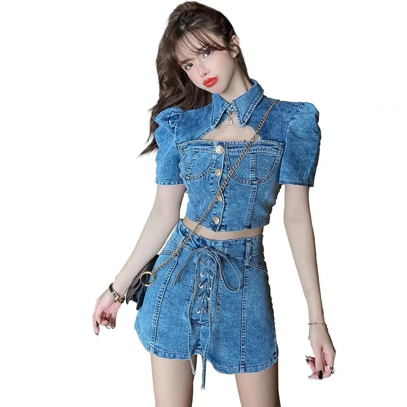 Denim Shorts Sets Shirts+Shorts Jeans 2 Pieces Sets Outfit