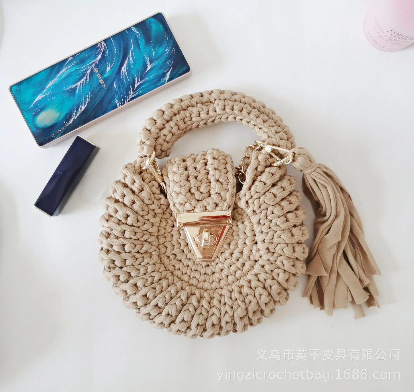 Bohemian Women's Solid Color Hook Knit Bag Round Fringed Small Crossbody Bag Soft Material