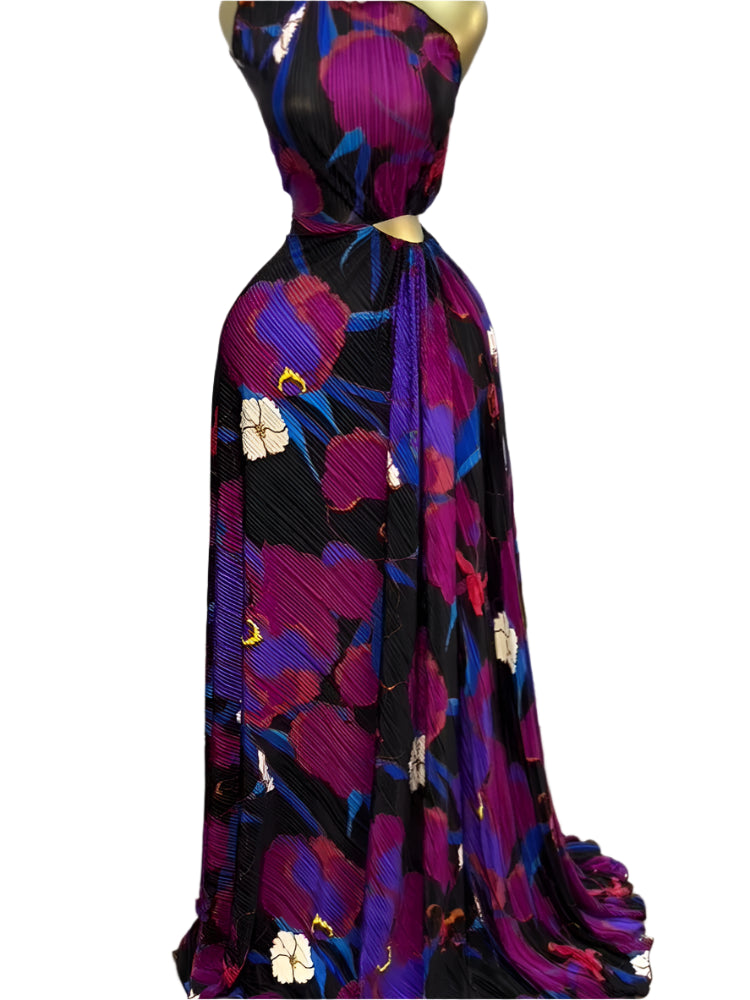 Women Floral Printed One Shoulder Skew Neck Cutout Waist Pleated Maxi Long Dress Birthday Outfit