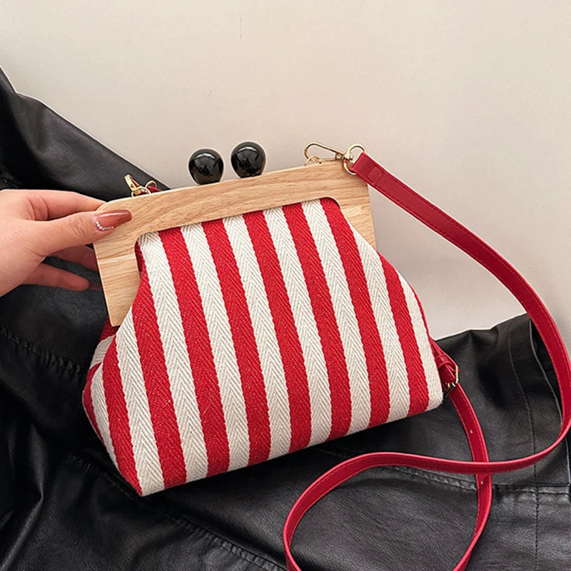 Retro Striped Wooden Clip Shell Bags for Women Messenger Bag Black and white
