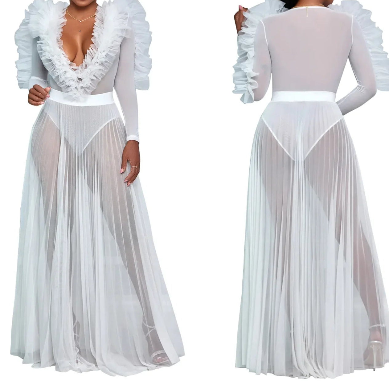 Women Selvedge Ruffles Full Sleeve V-neck Long Maxi Dress Birthday Mesh See Through Party Evening Dress