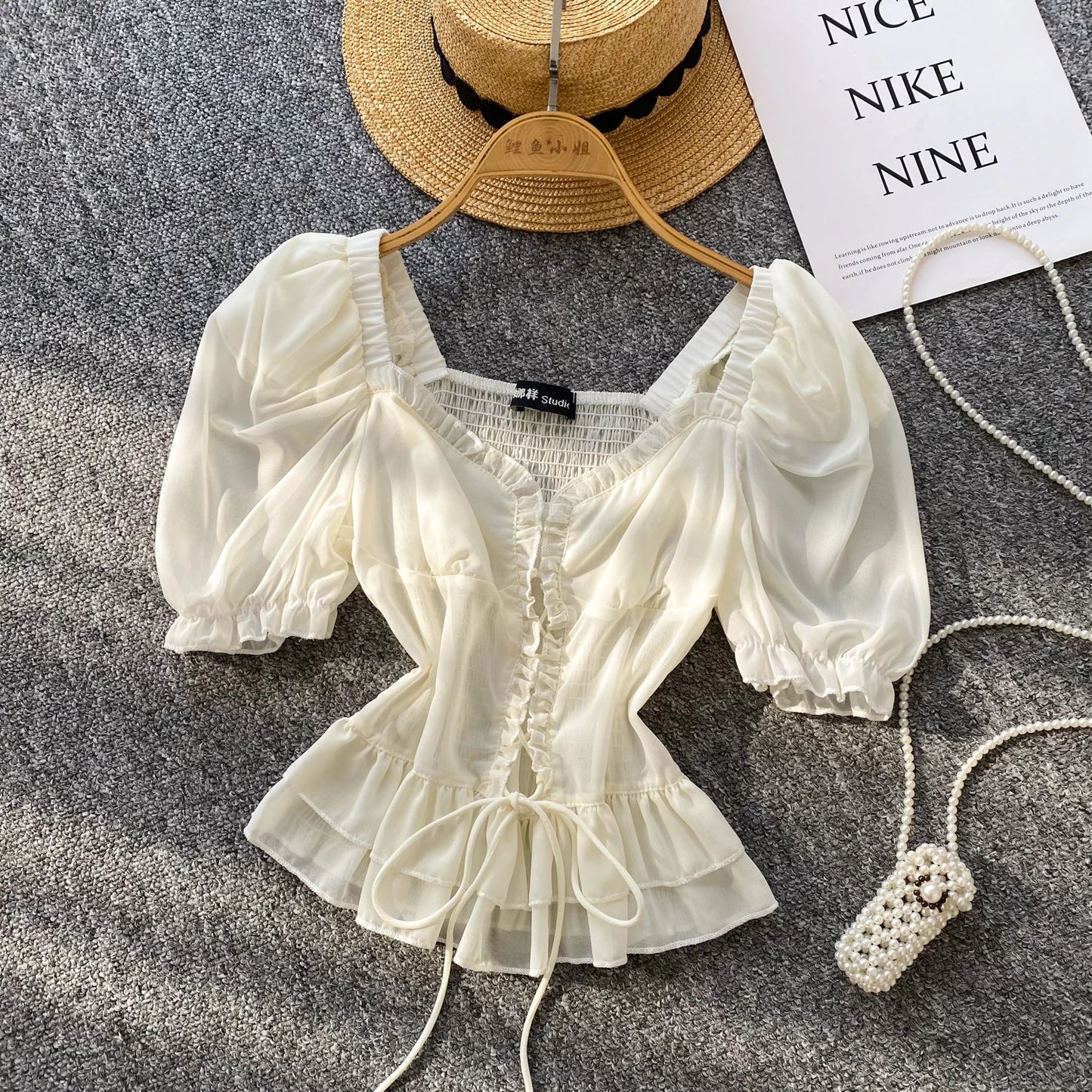 French Style Chiffon Blouse Square Neck Short Sleeves Ruffles Lace Up Beach Top