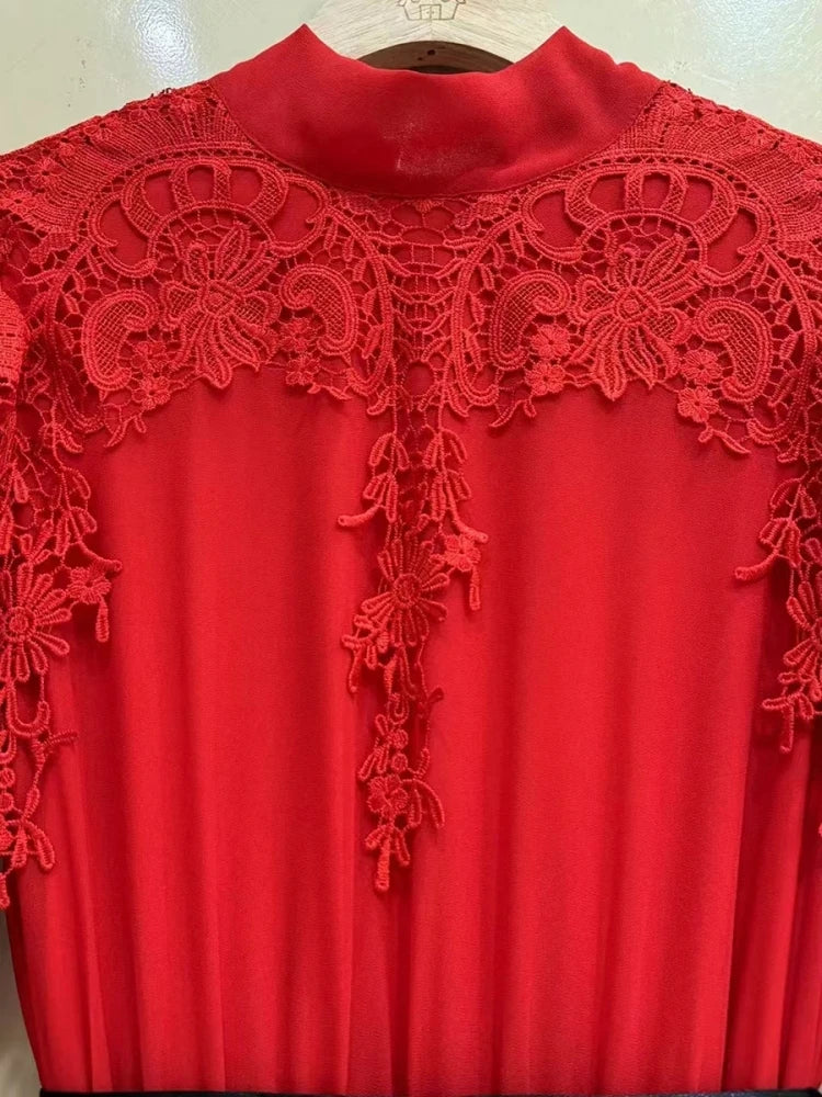 Sexy Long Sleeves Lace Patchwork Maxi Dress Women Red O Neck Folds A-line Cocktail Gown