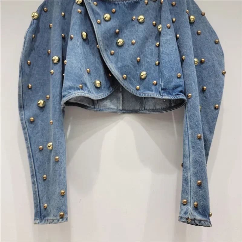 Women Rivets Long Lantern Sleeve Denim Coat Short Pearls Top Bomber Jacket Cowboy Jacket