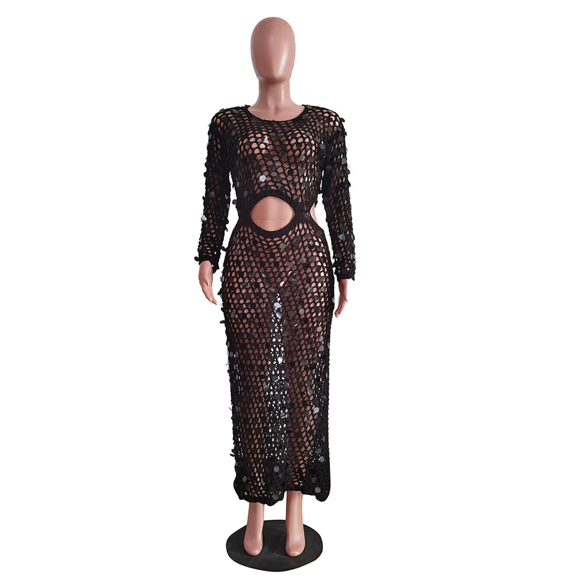 Fishnet Knitting Hollow Sequins Maxi Dress Sexy See Through Vacation Beach Dress Resort Wears
