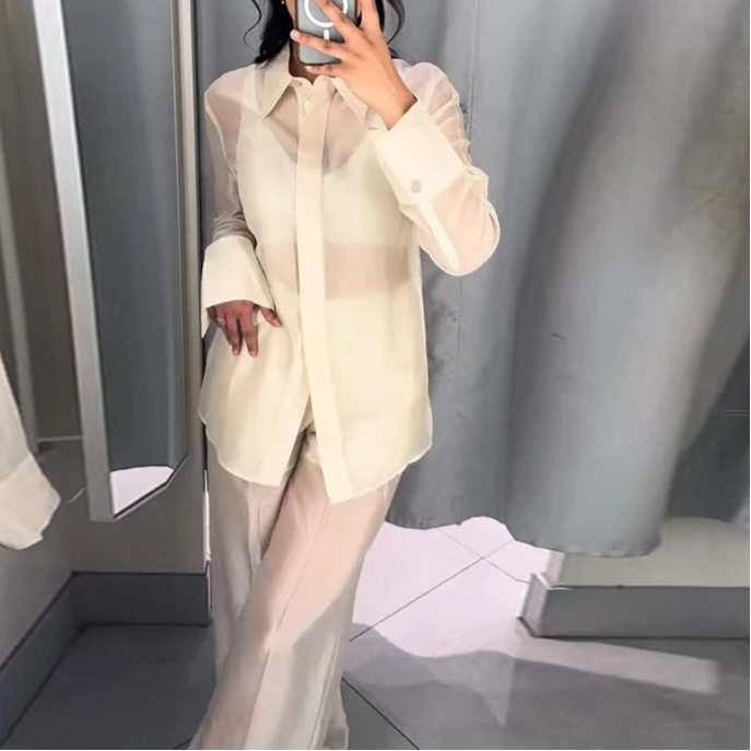 Sexy See Through Silk Set Women Elegant Blazer Coat Loose Shirt Wide-leg Pants