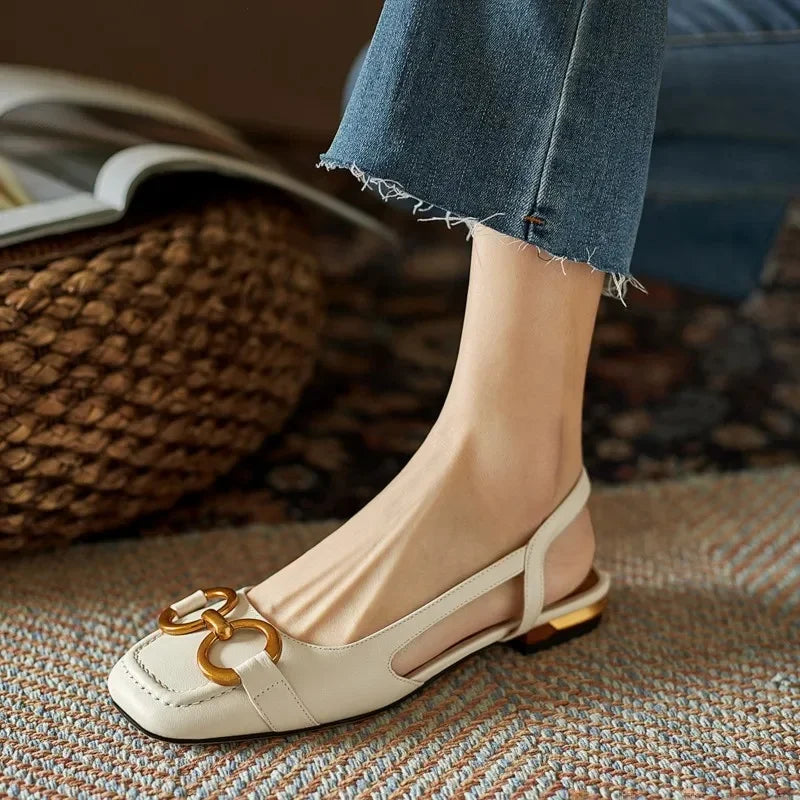 French Low Heel Retro Toe Cover Sandals Women Summer Empty Horse Bit Faux Leather Strap Sandals