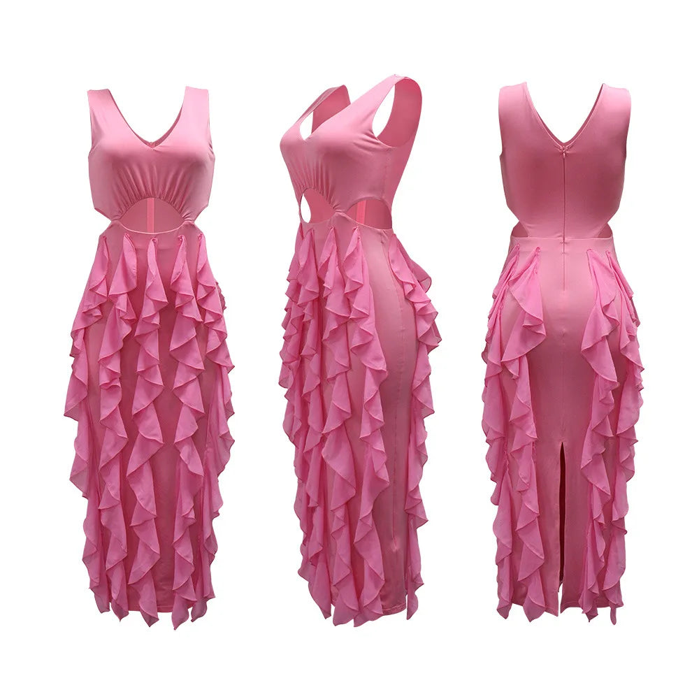 Wedding Guest Dress Women Sleeveless V-neck Ruffle Bodycon Midi Dress Birthday Outfit