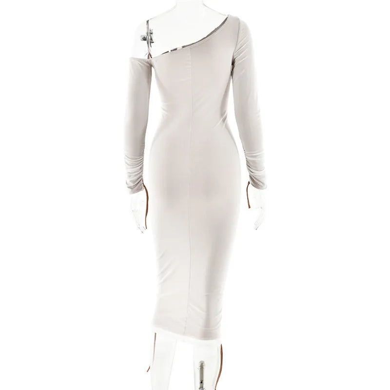 Diagonal Collar Long Sleeve Midi Bodycon Dress For Women Two Layer Mesh