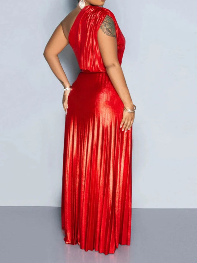 Metallic Golden One Shoulder Sleeveless Pleated A-Line Maxi Dress Elegant Cocktail Dress