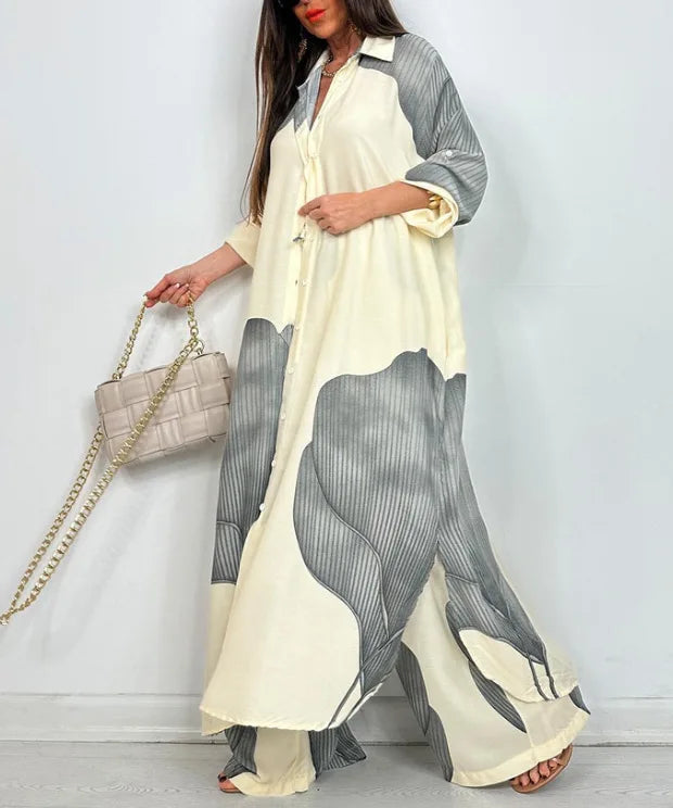 Elegant Lady Two Piece Set Printed Long Shirt Top + Wide Leg Pants 2-piece Outfit Oversized Sets