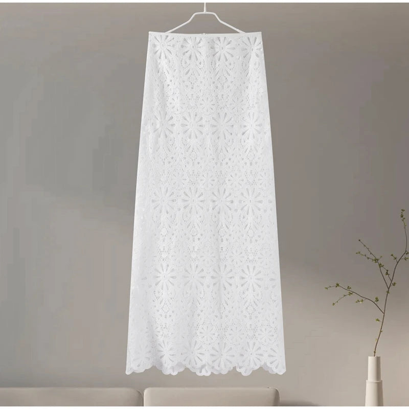 Summer Vacation See Through Crochet Top Women Set Hallow Out Flare Long Sleeve Skirts Set