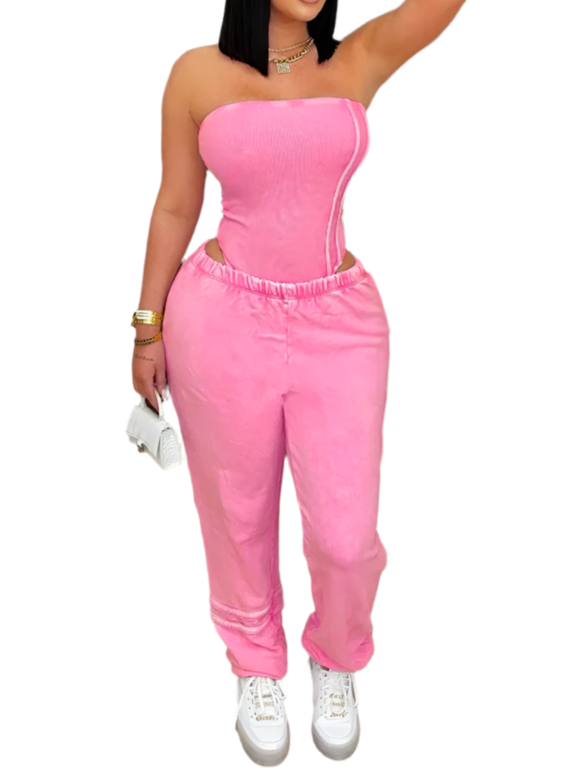 Sexy Washed Strapless Bodysuit and Jogger Pants Set for Women Trendy Two Piece Jogging Suit Sets