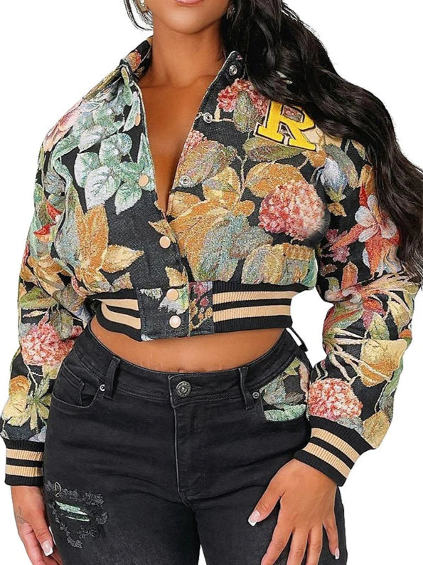 Flower Print Coat Crop Tops Women Lapel Long Sleeve Button Baseball Jacket