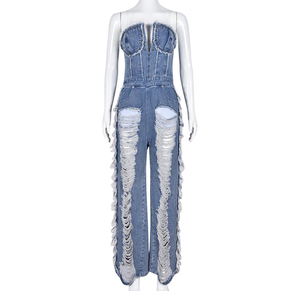 Slim Fit Denim V-neck Backless Tassel Trendy Jumpsuit Women's Strapless High Waist Ripped Pocket Sexy Street Rompers