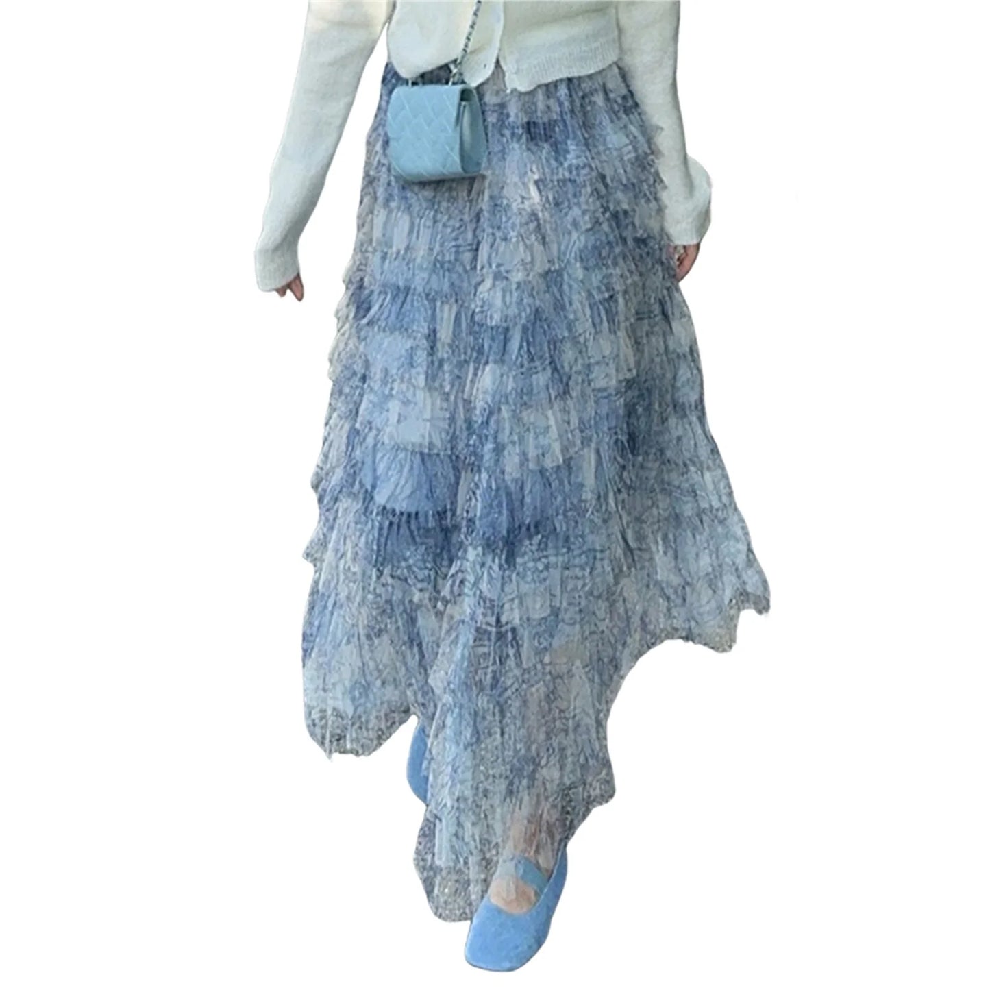 Elegant Floral Lace Maxi Skirt with High Waistband and Flowy Layers Skirt