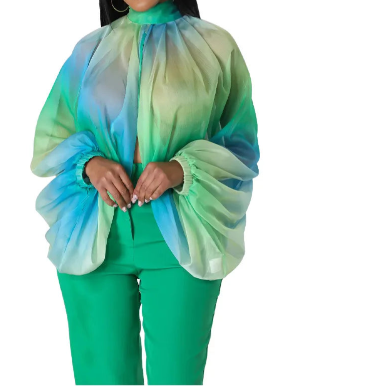 Womens Chiffon Blouse Sexy See Through Lantern Sleeve Front Back Open High Neck Blouses Tops