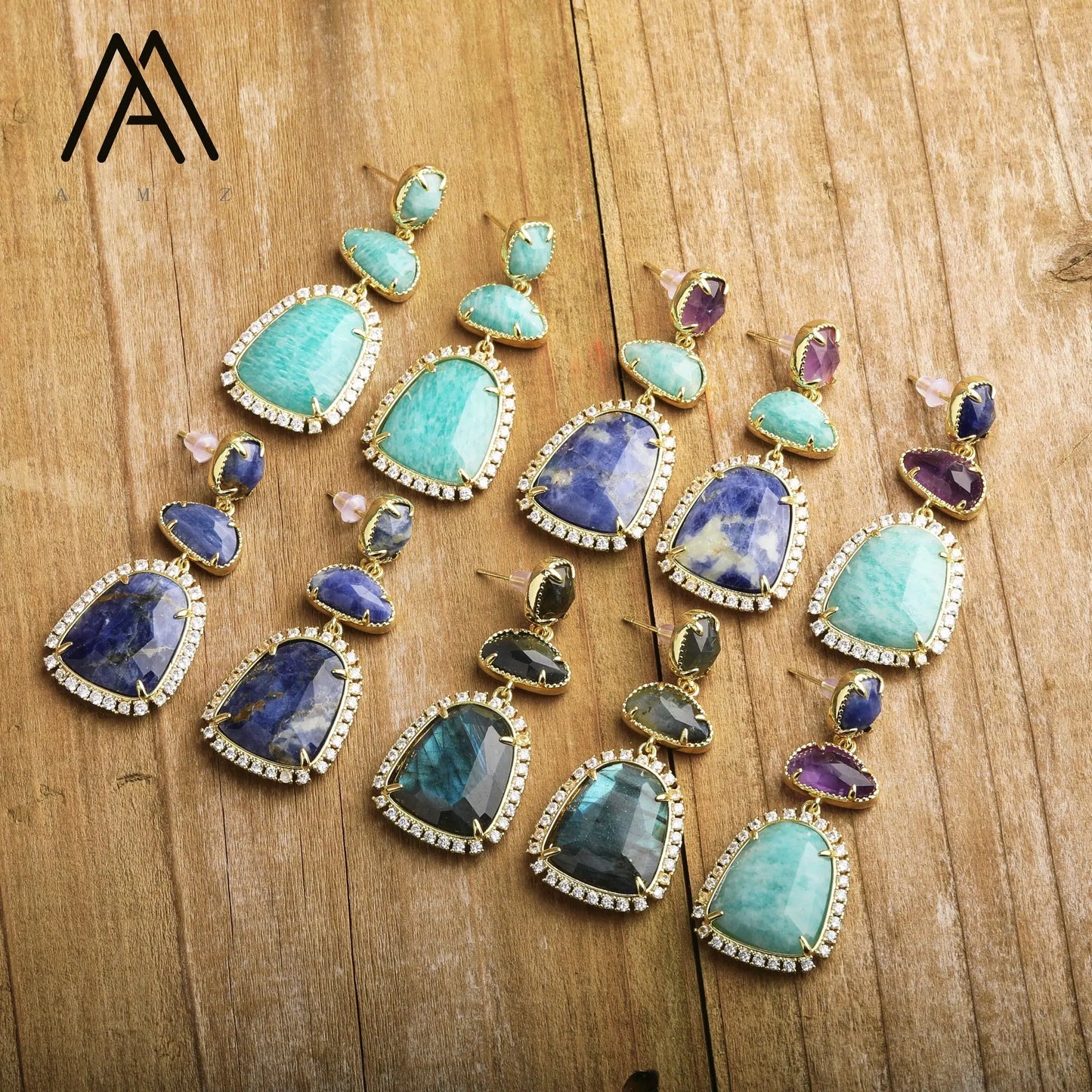 Luxury Crystal Earrings Wedding Jewelry Healing Natural Gemstone Amethysts Amazonite Labradorite Stud Earring Gift to Women