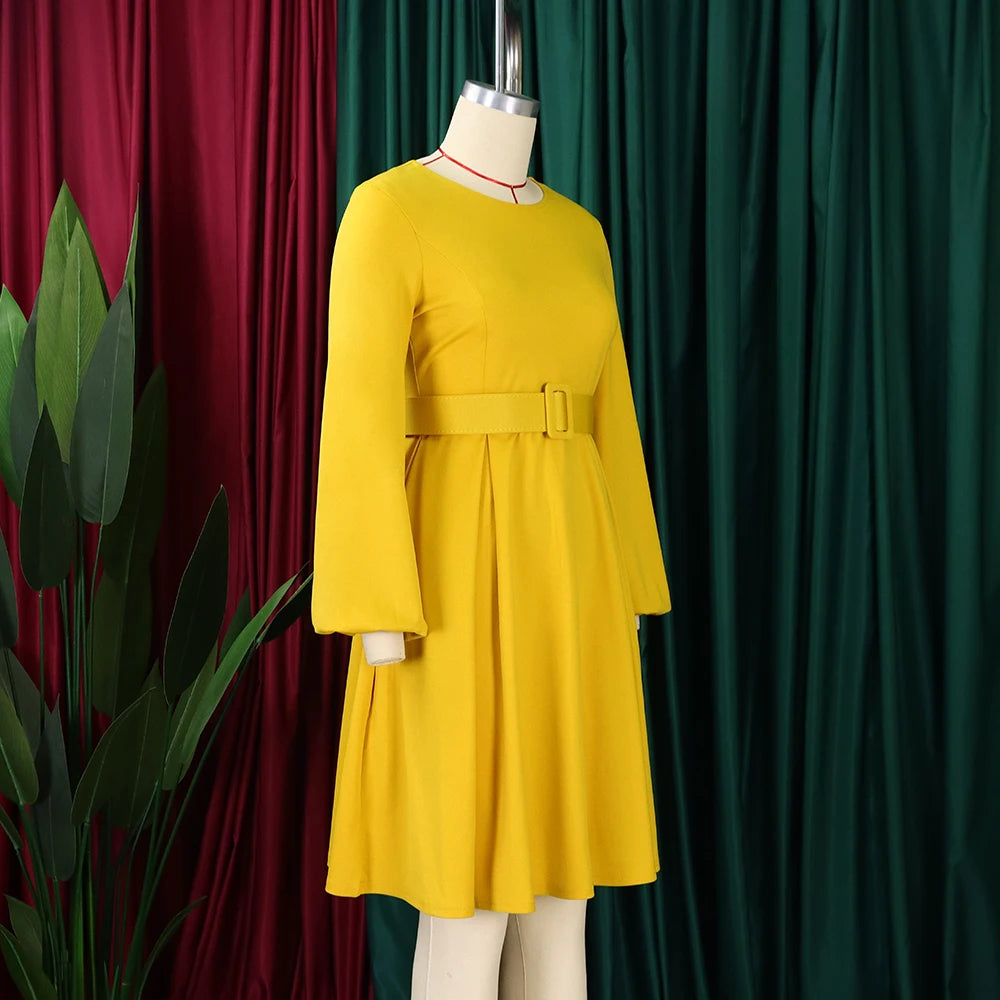 Elegant Office Dresses Women O Neck Full Sleeve Belt Waisted Pleated A Line Mid Calf Formal Female Business Work Wear Dress Midi