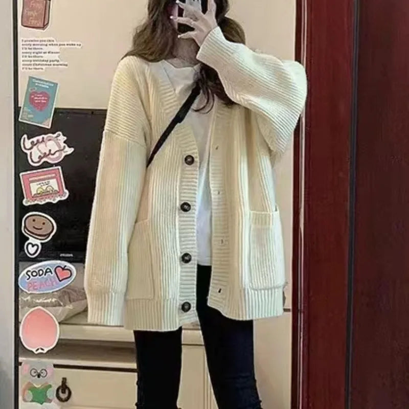 Women Cardigan Long Sleeve V-neck Loose Knitted Sweater Cardigan