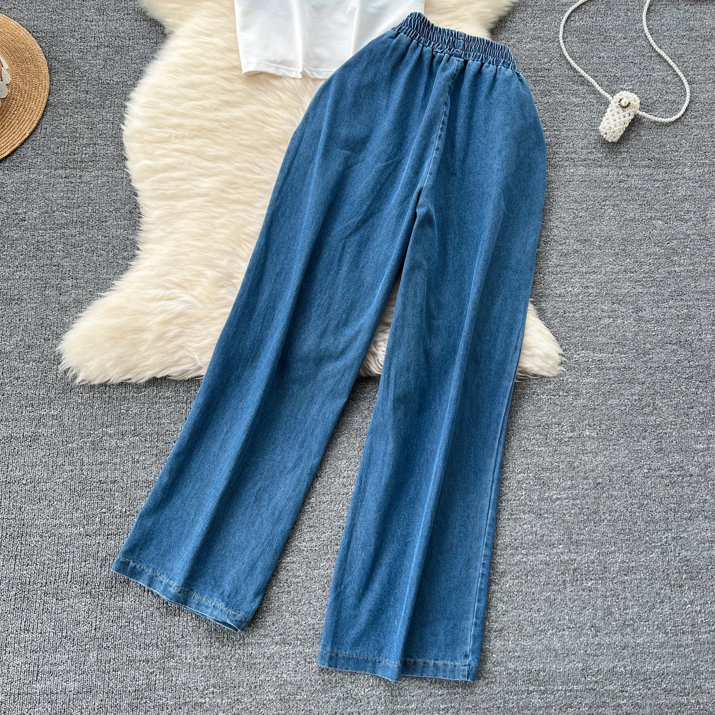Women Denim pant sets Design Matching Color Short-sleeved T-shirt Tops + High-waisted Casual Pants
